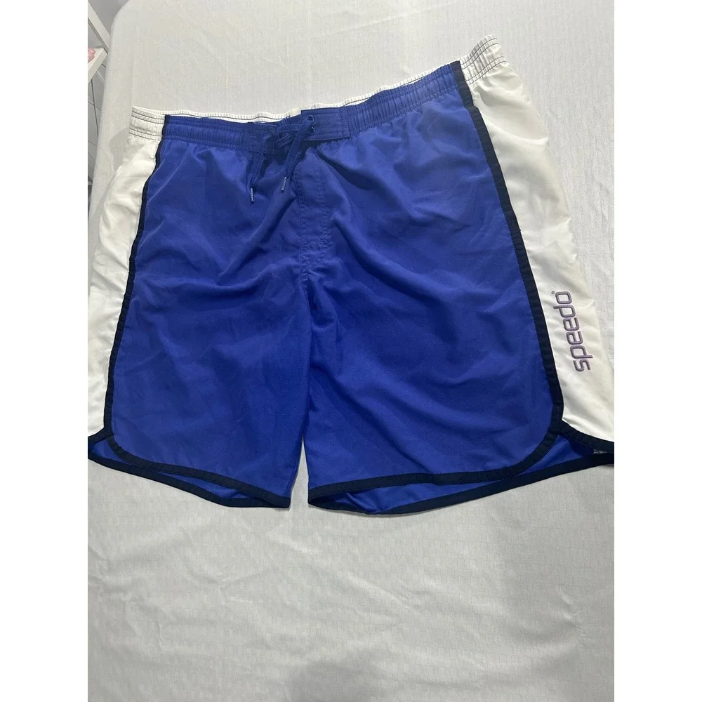 Speedo‎ Mens Blue White Colorblock Swim Trunks Board Shorts Drawstring Waist